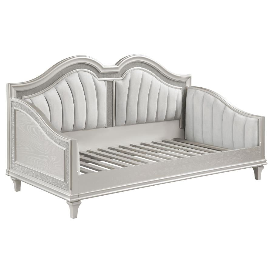 Evangeline Upholstered Twin Daybed with Faux Diamond Trim Silver and Ivory